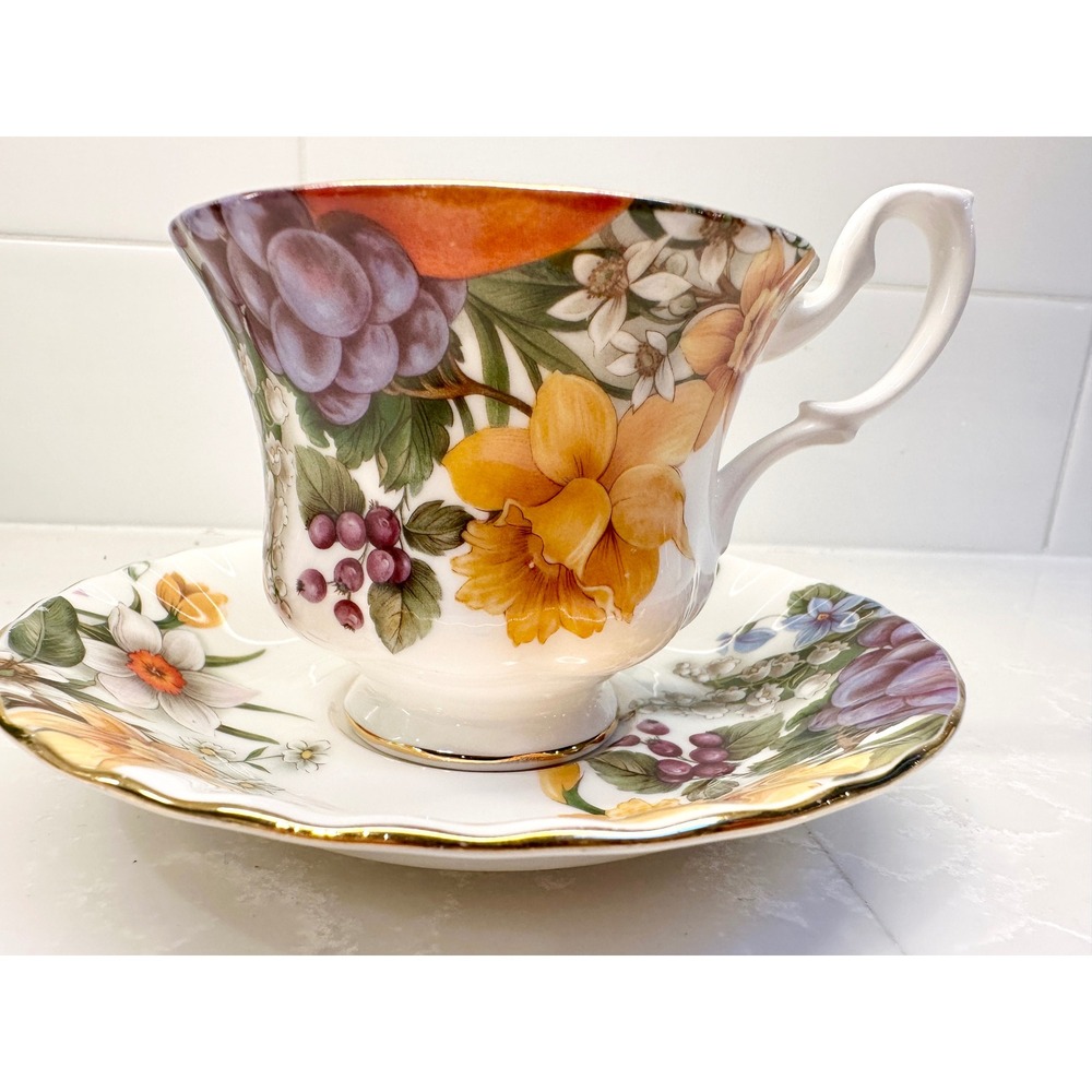 Royal Albert Grape Bouquet Tea Cup Saucer Set Vintage 1960s Montrose Bone China